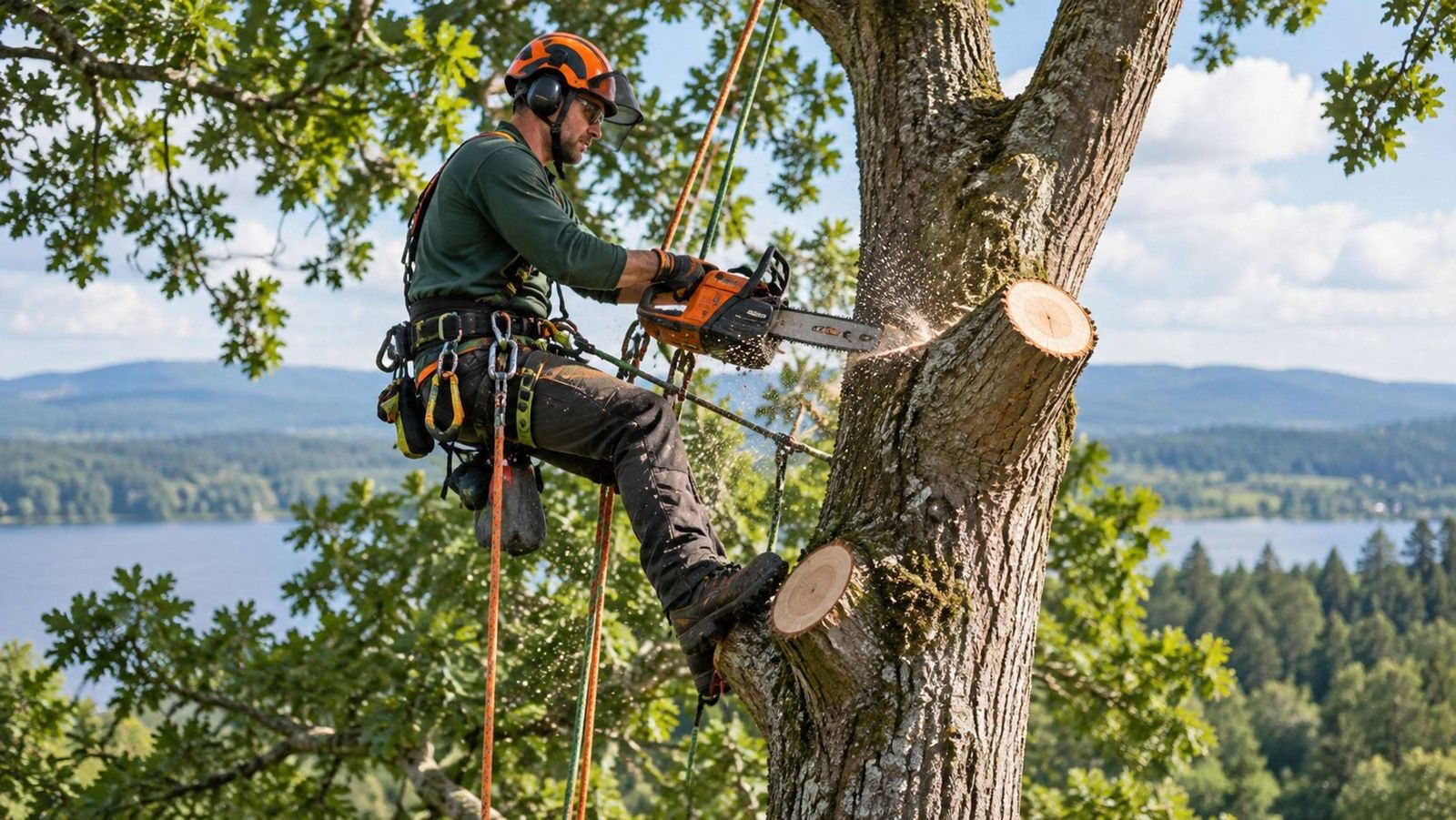A climber working on a limb high above a lake view