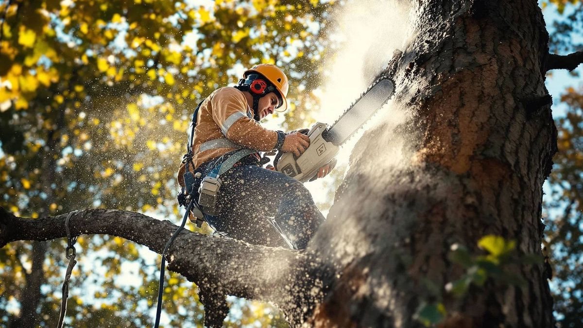 A climber in a high-visibility jacket sawing a limb