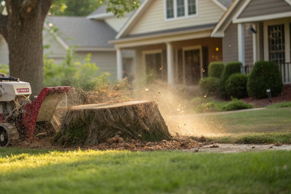 A stump grinder cutting into a stump, wood chips flying